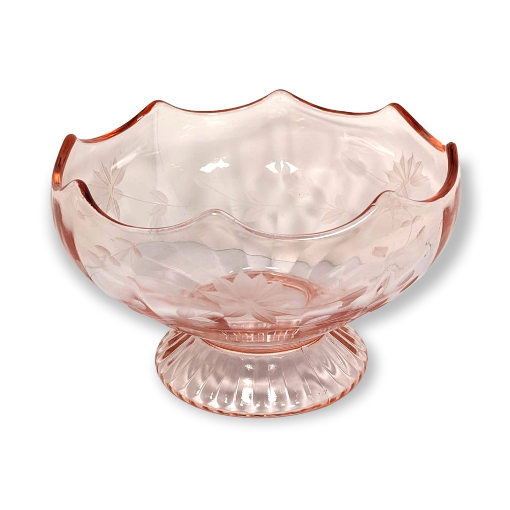 Pink Depression Glass Bowl Scalloped Top Compote Floral Etched Pedestal - Picture 3 of 8
